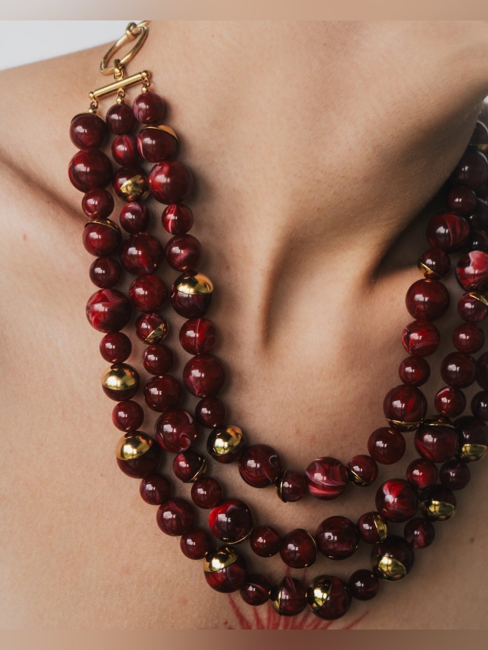 Red Imitation Pearl Multi-Layer Statement Necklace | 18K PVD Gold Plated
